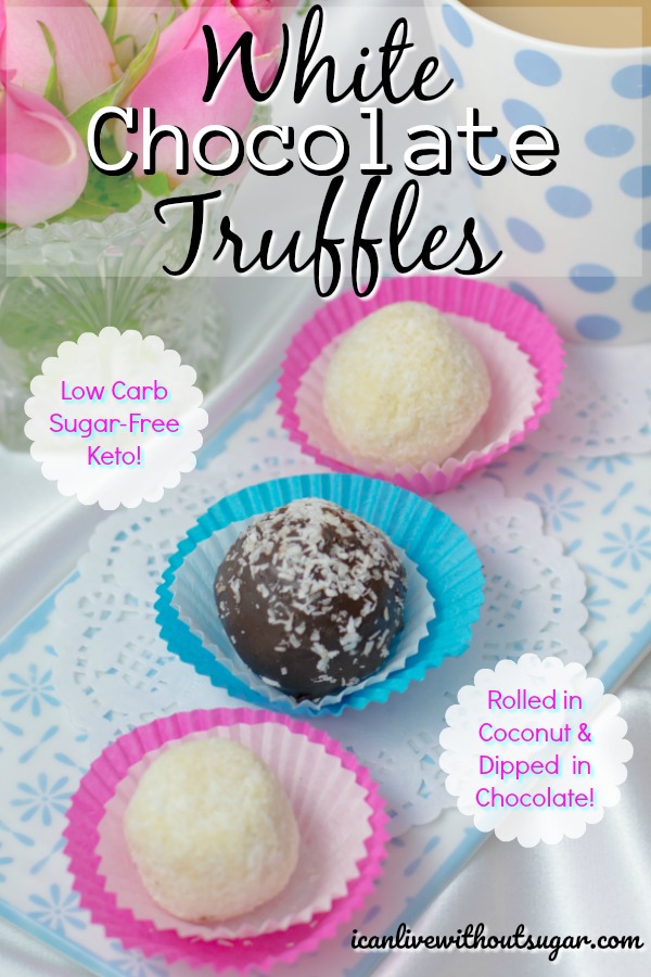 Low Carb, Sugar-Free White Chocolate Truffles. Healthy treats that taste great and are easy to make by icanlivewithoutsugar. Enjoy!