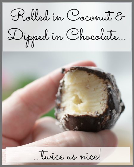 Sugar-Free white chocolate truffles, rolled in coconut, choc dipped 450x560